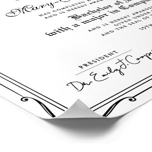 クラシックな黒と白の学校卒業証書 ポスター (角)