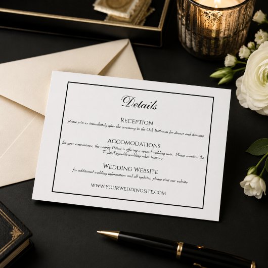 クラシックな黒と白の結婚式詳細カード エンクロージャーカード