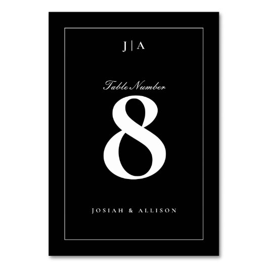 クラシックな黒と白の結婚式 テーブルナンバー (正面)