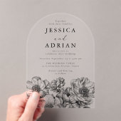 クラシックな黒と白の芍薬の線画の結婚式 アクリル招待状 (インサイチュ (ポータブル))