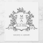 クラシックな黒と白の花の紋章の結婚式 ワインラベル (シングルラベル)