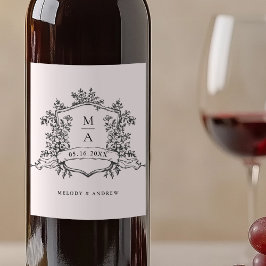 クラシックな黒と白の花の紋章の結婚式 ワインラベル
