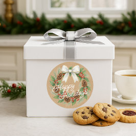 クラシックな12月　白いリボンのある水彩のリース ラウンドシール