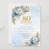 クラシックな80歳の誕生日 高級感のあるダスティブルーとゴールド 招待状 (正面)