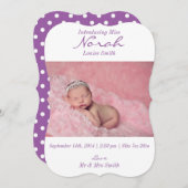 クラシックなPurple&Whiteの水玉模様の誕生の発表 案内状 (正面/裏面)