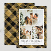 クラシックのプレイド&フォトコラージブラック金ゴールドクリスマス シーズンカード (正面/裏面)