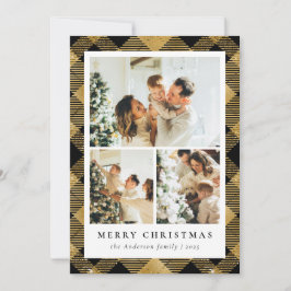 クラシックのプレイド&フォトコラージブラック金ゴールドクリスマス シーズンカード