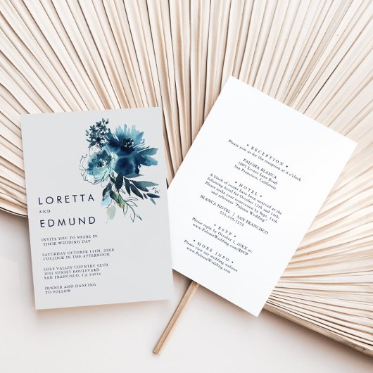 クラシックの水彩フローラ背面と前面結婚 招待状