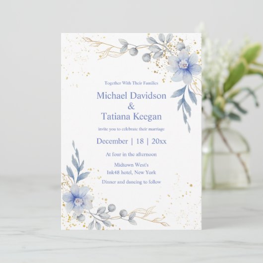 クラシックの水色ほこりっぽい青結婚い花 招待状 (スタンド正面)