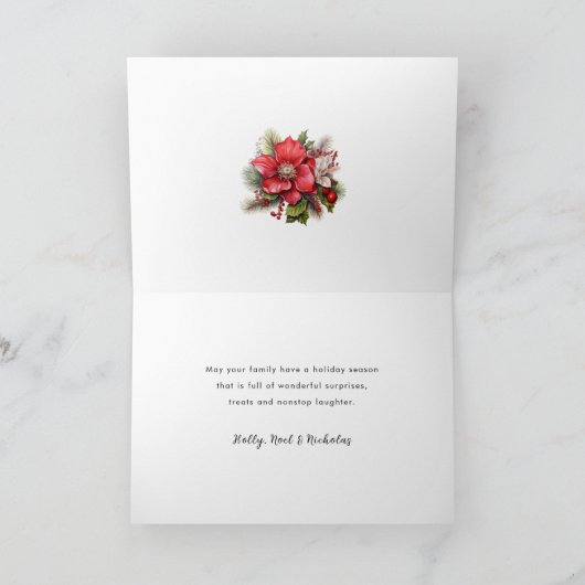 クラシックの水色クリスマスフローラ写真 シーズンカード (内部)
