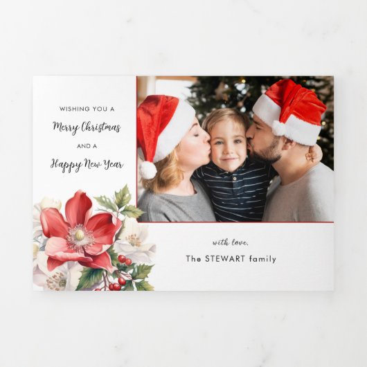 クラシックの水色クリスマスフローラ写真 三つ折りクリスマスカード (カバー)