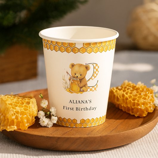 クラシックの水色ベアーハニーの第2誕生日 紙コップ