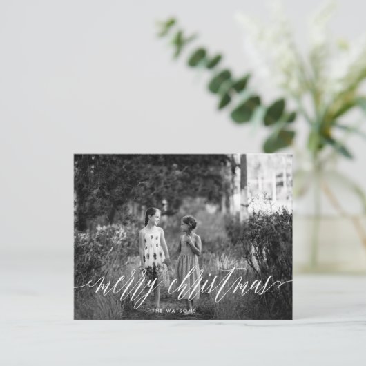クラシックの白いスクリプトMerry Christmas写真 シーズンポストカード (スタンド正面)