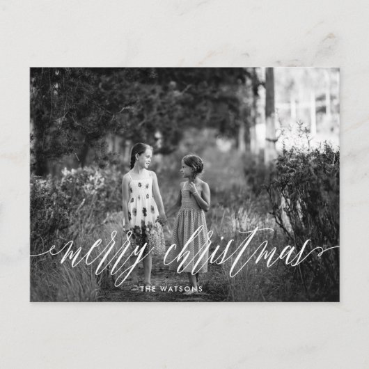 クラシックの白いスクリプトMerry Christmas写真 シーズンポストカード (正面)