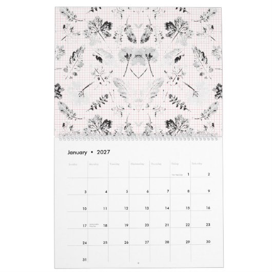 クラシックの白黒フローラ壁紙の機能 カレンダー (1月 2027)