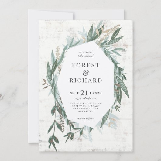 クラシックの葉と金ゴールド効果の結婚招待 招待状 (正面)