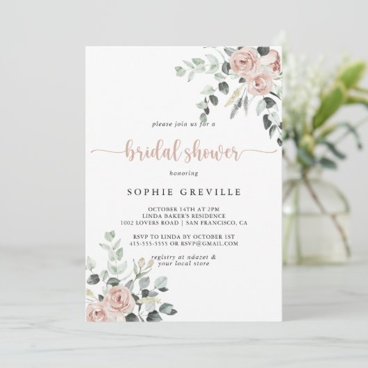 クラシックほこりっぽいバラフローラブライダルシャワー 招待状 (スタンド正面)