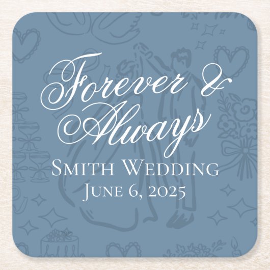 クラシックほこりっぽい青い手が描いたス結婚ケッチアート スクエアペーパーコースター (正面)