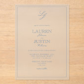 クラシックほこりっぽい青い書道モノグラム結婚ズ アクリル招待状 (正面)