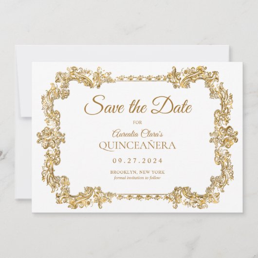 クラシックアイボリーホワエレガントイト金ゴールドフレームキンセアニェラ 案内状 (正面)