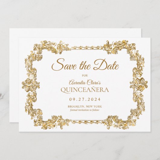 クラシックアイボリーホワエレガントイト金ゴールドフレームキンセアニェラ 案内状 (正面/裏面)