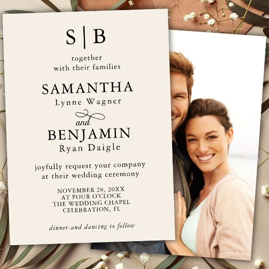 クラシックアイボリーモノグラム結婚写真 招待状