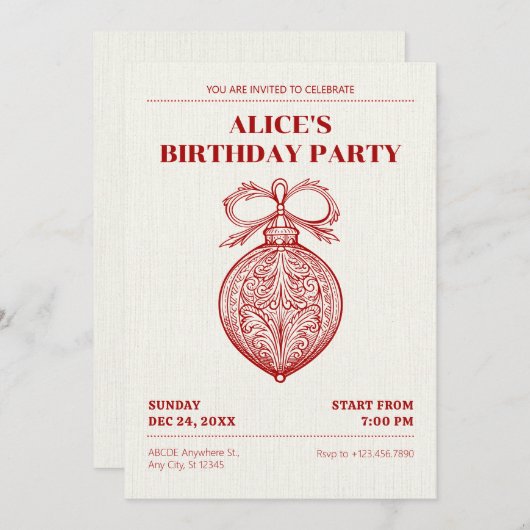 クラシックアンティーククリスマス飾り誕生日 招待状 (正面/裏面)