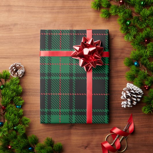 クラシックアンドエレガントダークグリーンタータンチェックホリデイ ラッピングペーパー (クリスマスギフト)