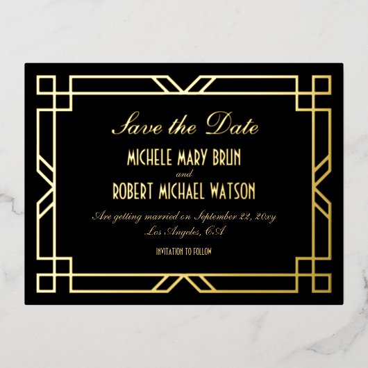 クラシックアールデコ黒金ゴールド日付はがきを保存 箔シーズンポストカード (正面)