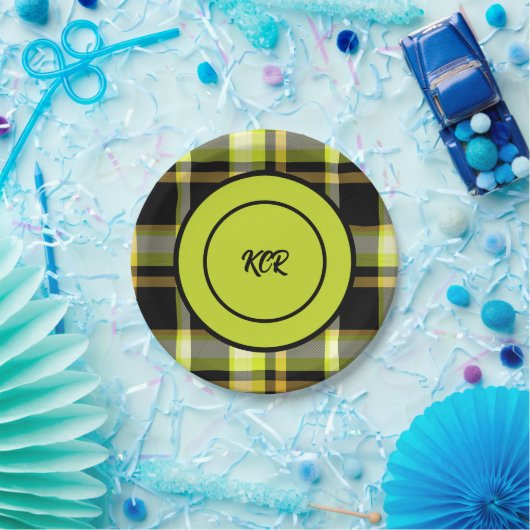 クラシックイエローブラックタータンチェック格子模様パーティー ペーパープレート (パーティー)