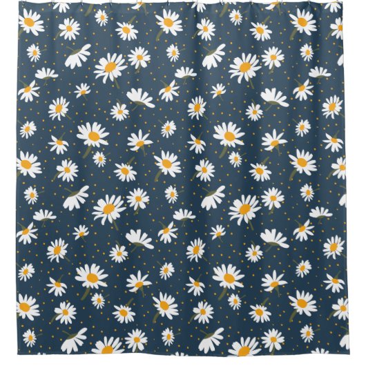 クラシックイエローホワイトデイジーフラワーズネイビー シャワーカーテン (正面)