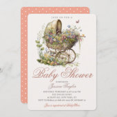 クラシックウィッカーベビーカーフローラガールベビーシャワー 招待状 (正面/裏面)