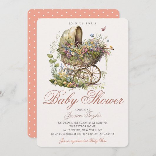 クラシックウィッカーベビーカーフローラガールベビーシャワー 招待状 (正面/裏面)