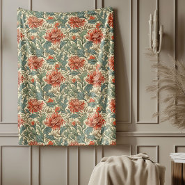 クラシックウィリアムエレガントモリス熱赤セージアイボリー フリースブランケット