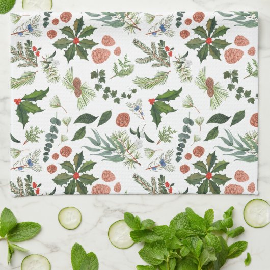 クラシックウィンターウッドランドウォーターカラーフォレストホリデイ キッチンタオル (折り畳み)