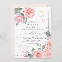クラシックウェディング エレガント ウォーターカラー ピンクのバラ 招待状