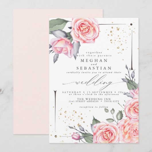 クラシックウェディング エレガント ウォーターカラー ピンクのバラ 招待状 (正面/裏面)