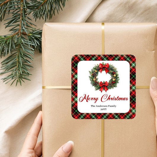 クラシックウォーターカラークリスマスリース名前ステッカー スクエアシール