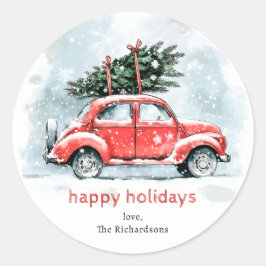 クラシックウォーターカラー 赤い車 クリスマスツリー クリスマス  ラウンドシール