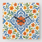 クラシックエスニック地中海のフローラアートパターン スクエア壁時計 (正面)