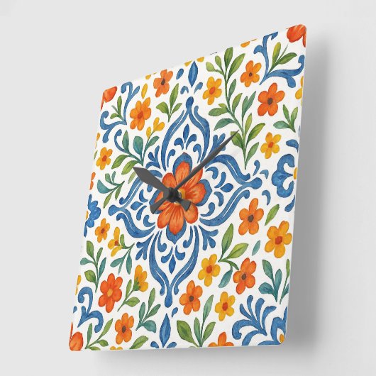 クラシックエスニック地中海のフローラアートパターン スクエア壁時計 (傾斜)