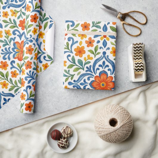 クラシックエスニック地中海のフローラアートパターン ラッピングペーパー (クラフト)