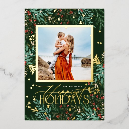 クラシックエメラルドグリーンエレガントフォトクリスマス 箔シーズンカード (正面)