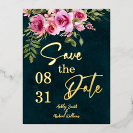 クラシックエメラルドグリーンダークムーディ結婚ーズ 箔招待状ポストカード