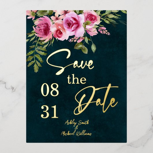 クラシックエメラルドグリーンダークムーディ結婚ーズ 箔招待状ポストカード (正面)