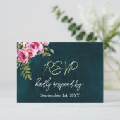 クラシックエメラルドグリーンフローラダークムーディ結婚ーズ 出欠カード (スタンド正面)
