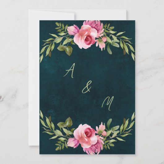 クラシックエメラルドグリーンフローラダークムーディ結婚ーズ 招待状 (裏面)