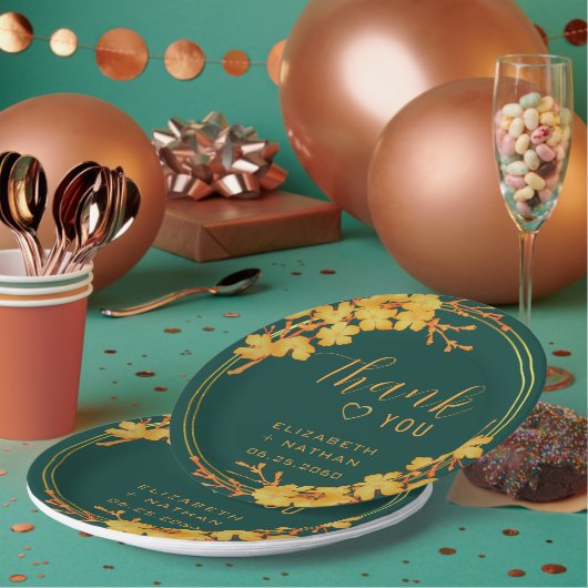 クラシックエメラルドグリーン&金ゴールド結婚ズサンキュー ペーパープレート (複数)