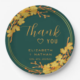 クラシックエメラルドグリーン&金ゴールド結婚ズサンキュー ペーパープレート