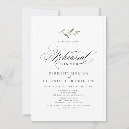 クラシックエレガンススクリプトグリーナリーリハーサルディナー 招待状 (正面)